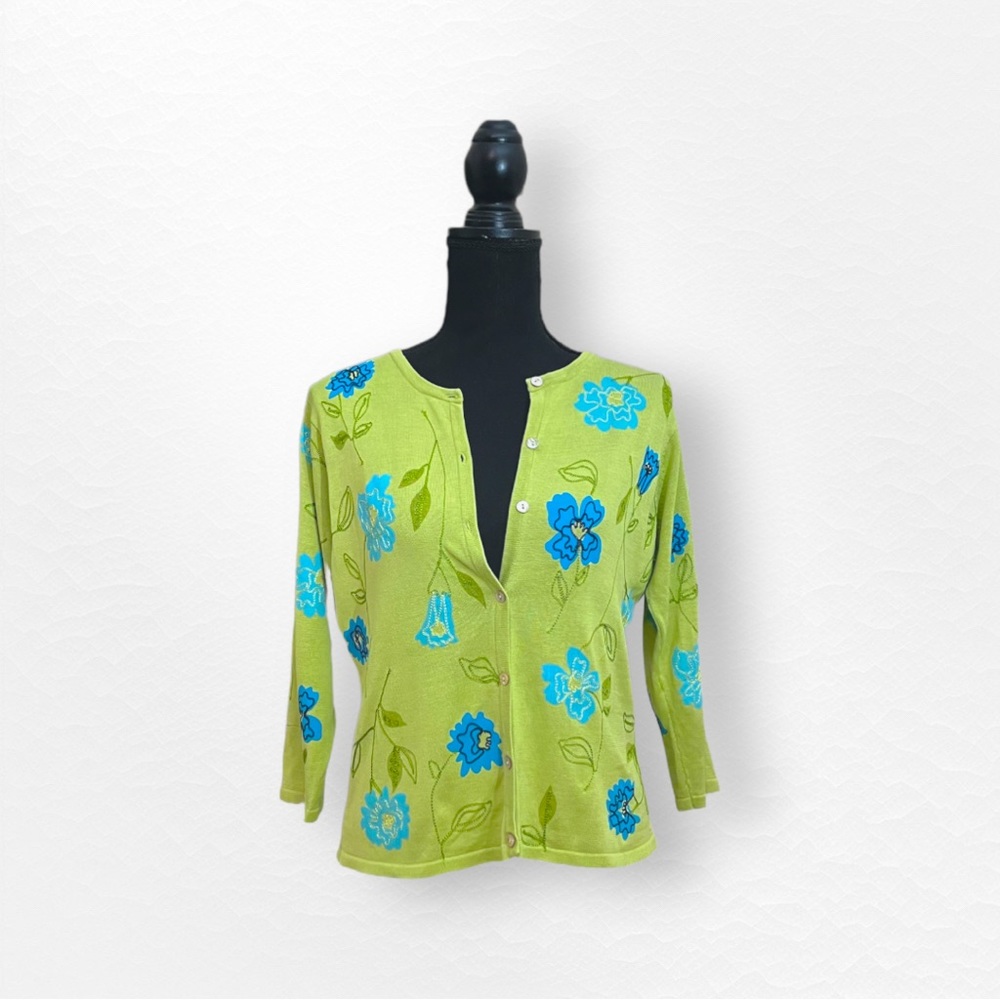 Vintage David Brooks Petites Funky Embroidered Silk Sweater in Green and…